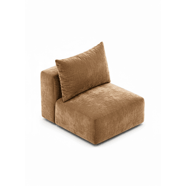 An armless modular lounge chair module upholstered in a soft, camel-colored velvet fabric. The chair features a low-profile, block-like design with clean, straight lines, suggesting a contemporary or minimalist aesthetic. It includes a single, matching back cushion that rests against the rear of the module. The upholstery appears plush and inviting, indicative of comfortable seating designed for relaxation. — 3D model (AI enhanced source)