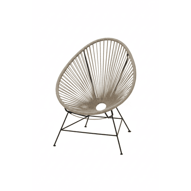 An Acapulco-style lounge chair featuring an egg-shaped seat crafted from radially woven beige or tan synthetic cord. The seat is supported by a minimalist, four-legged black metal frame, designed for comfort and outdoor durability. — 3D model (AI enhanced source)