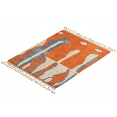 A rectangular rug with a vibrant abstract pattern featuring bold orange shapes interspersed with blue and beige elements. The rug has a textured weave and is finished with tassels along two opposing edges. — 3D model (AI enhanced source)