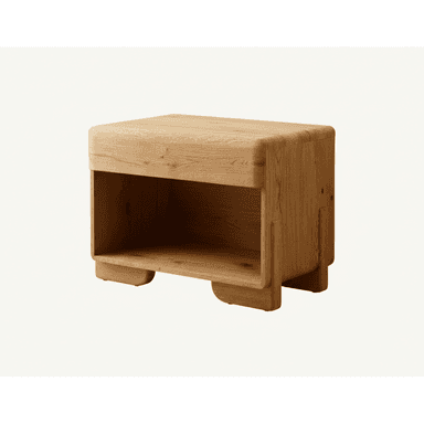 A small, solid oak wood nightstand featuring smoothly rounded corners and edges, an integrated open storage shelf, and standing on four subtly curved, integrated feet. The natural wood grain is clearly visible across all surfaces. — 3D model (AI enhanced source)