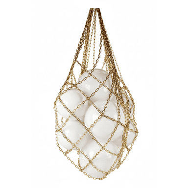 A distinctive pendant light featuring multiple white spherical diffusers of varying sizes, seemingly clustered together and enclosed within a decorative net of golden chains. The entire structure is suspended by a cluster of matching golden chains, creating an opulent and sculptural lighting element. The design appears modern and luxurious. — 3D model (AI enhanced source)