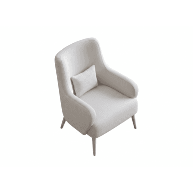 An overhead view of a contemporary lounge chair, featuring a light gray upholstered seat and inner back, contrasted with a smooth, slightly lighter outer shell and armrests. The chair is supported by four slender, tapered wooden legs that splay slightly outwards. A small, rectangular lumbar pillow is included, matching the texture of the seat. — 3D model (AI enhanced source)