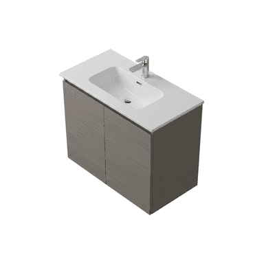 A modern wall-mounted bathroom vanity unit featuring a rectangular white integrated sink and countertop. The base cabinet has two handleless doors with a horizontal light wood grain finish. A chrome single-handle faucet is mounted on the countertop. — 3D model (AI enhanced source)