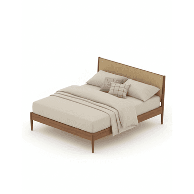 A modern platform bed featuring a clean-lined wooden frame and a headboard with a woven cane or rattan panel. The bed is presented with neutral-colored bedding, including a duvet, standard pillows, and two accent pillows. The frame has tapered legs and a low profile, contributing to a minimalist aesthetic. — 3D model (AI enhanced source)