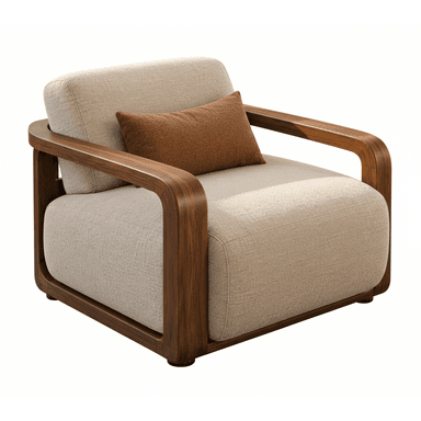 A contemporary lounge chair featuring a dark wood frame with integrated armrests and plush upholstered cushions. The chair includes a seat cushion, a back cushion, and an accent pillow, all covered in a textured light beige fabric. The frame has a smooth, curved design, likely bentwood, giving it a modern and elegant appearance. — 3D model (AI enhanced source)