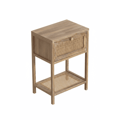 A small rectangular nightstand crafted from light-toned wood, featuring a single top drawer with a woven rattan front and a matching rattan-surfaced open lower shelf. It stands on four straight legs. — 3D model (AI enhanced source)