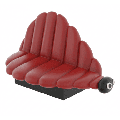 A red, uniquely shaped bench with a rounded, segmented seat resembling a series of inflated cushions or petals. The base is a simple black rectangular prism. The bench has a single cylindrical protrusion on the right side, which features two circular eye-like details. — 3D model (AI enhanced source)