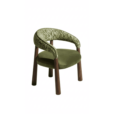 A contemporary armchair featuring a curved, integrated backrest and armrests upholstered in a patterned green fabric, complemented by a solid green velvet seat. It stands on four dark, tapered wooden legs. — 3D model (AI enhanced source)