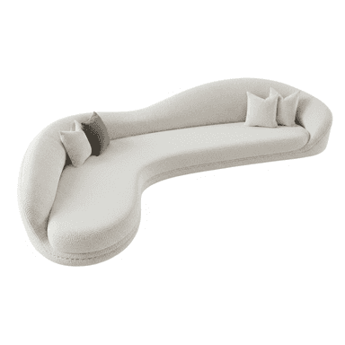 An off-white, serpentine-shaped sofa upholstered in a boucle fabric, featuring a continuous, undulating form with an integrated low backrest and no arms. It comes with four throw pillows, two off-white and two dark gray. — 3D model (AI enhanced source)