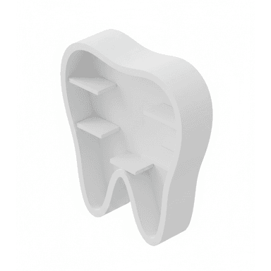 A white, novelty wall shelf shaped like a human tooth, featuring multiple internal horizontal shelves for display. The overall form is smooth, with rounded edges and a matte finish, suggesting a modern or whimsical design intended for specific themed environments or decorative purposes. It appears to be a digital rendering of a product. — 3D model (AI enhanced source)