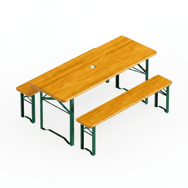 A top-down, slightly angled view of a folding beer garden or picnic table set, consisting of one rectangular table and two accompanying long benches. All pieces feature light wooden tops and dark green metal folding legs. The table has a small, circular umbrella hole in the center. — 3D model (AI enhanced source)