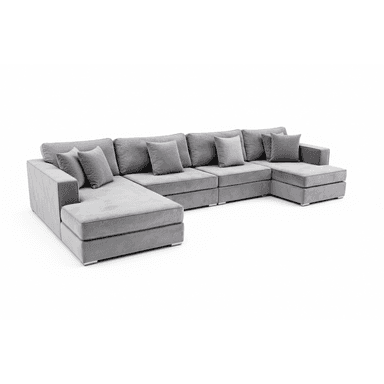 A modular, U-shaped sectional sofa upholstered in a soft, grey fabric. The sofa features deep seating, multiple seat cushions, and back cushions, along with four decorative throw pillows. It has a low profile with square arms and square metal legs. The design is contemporary. — 3D model (AI enhanced source)