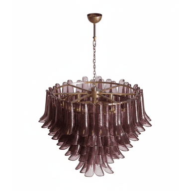 A vintage chandelier with multiple tiers of amethyst-colored glass elements suspended from a brass-toned metal frame. The glass elements are elongated and flared at the bottom, resembling petals or leaves. The central structure is circular with radiating spokes supporting the tiered arrangement. — 3D model (AI enhanced source)