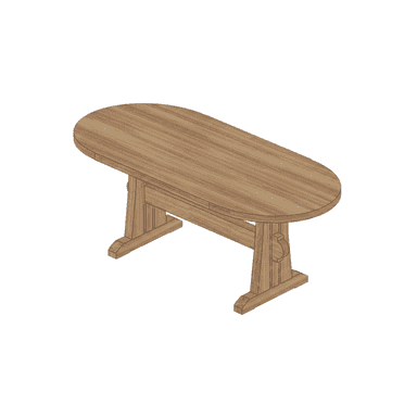A wooden dining table with an oval top supported by a sturdy trestle base, rendered in a natural wood finish. — 3D model (AI enhanced source)