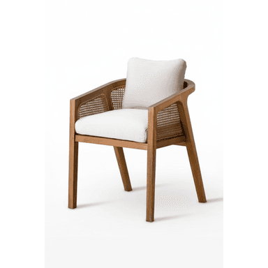A contemporary armchair featuring a light-toned wooden frame, cane webbing back and side panels, and white upholstered cushions for the seat and backrest. — 3D model (AI enhanced source)