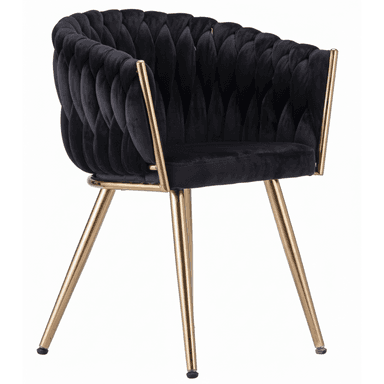 A modern accent chair featuring a barrel-shaped backrest and integrated armrests, upholstered in a distinctive black braided velvet fabric. The chair is supported by a slender frame of polished gold-toned metal, forming four tapered legs. — 3D model (AI enhanced source)