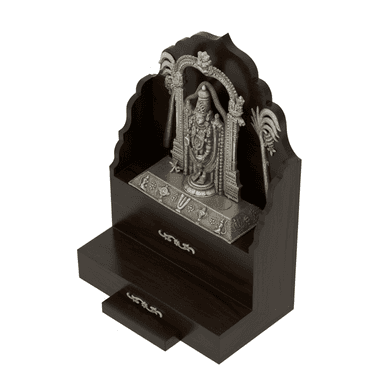 A traditional Indian pooja mandir, a small home temple crafted from dark-stained wood, featuring a decorative silver-plated archway and a deity idol. The structure includes a main platform for the idol and small pull-out drawers for storage of ritual items. — 3D model (AI enhanced source)
