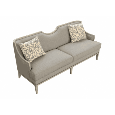 A light grey upholstered sofa featuring an exposed light-toned wooden frame, a gently curved backrest, and tapered legs. The sofa includes two seat cushions and two decorative throw pillows with a geometric pattern. Nailhead trim detailing is present along the base. — 3D model (AI enhanced source)