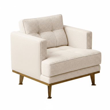 A modern armchair upholstered in plush ivory bouclé fabric, featuring square arms, a tufted back cushion, and a sleek brass-finished plinth base with splayed legs. — 3D model (AI enhanced source)