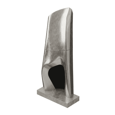 The object is a tall, slender, and sculpturally designed piece, featuring a polished metallic exterior with a textured, mottled finish, suggestive of brushed steel or patinated metal. It stands on a rectangular, polished stone base, likely marble or granite, with subtle veining. The piece exhibits a flowing, organic form, tapering slightly towards the top. A distinct, arched opening or niche is carved into the lower front section, revealing a dark, recessed interior. The design is contemporary and minimalist, emphasizing form and material. — 3D model (AI enhanced source)