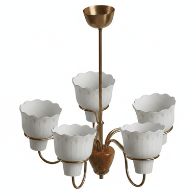 A vintage or vintage-style chandelier featuring a central brass stem, five radiating arms, and five ornate, scalloped ceramic or frosted glass shades. An oval wooden accent piece is integrated into the central body. — 3D model (AI enhanced source)