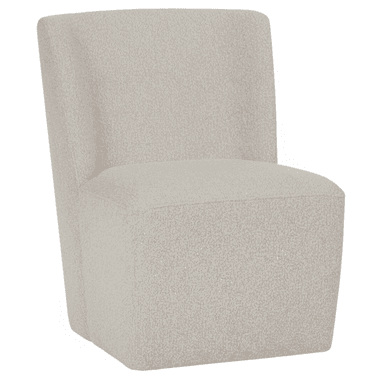 A fully upholstered armless accent chair featuring a light beige, textured boucle fabric. The chair has a minimalist design with a continuous, integrated backrest and seat, soft rounded edges, and no visible legs, presenting a solid, block-like silhouette. — 3D model (AI enhanced source)