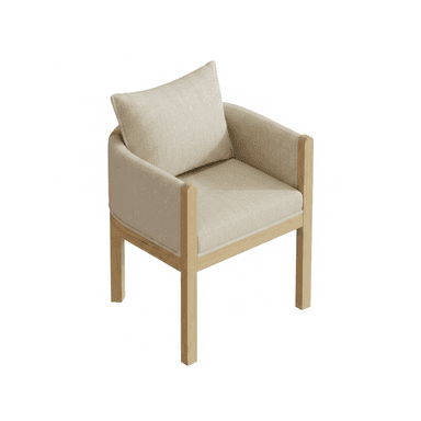 A contemporary armchair featuring an exposed light-colored wooden frame with a beige fabric upholstery. The chair includes a padded seat, back, and armrests, complemented by a loose back cushion for added comfort. The design emphasizes clean lines and a minimalist aesthetic. — 3D model (AI enhanced source)