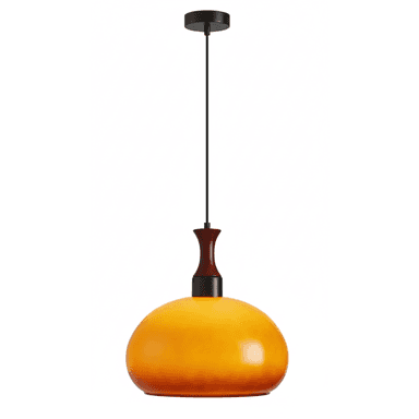 A contemporary pendant light featuring a rounded, bell-shaped orange glass shade suspended from a black ceiling canopy via a fabric-wrapped cord. A dark, turned wood element acts as a finial, connecting the cord and the top of the glass shade. The light has a warm, inviting aesthetic. — 3D model (AI enhanced source)