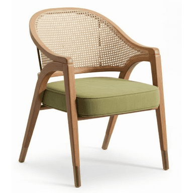 A contemporary armchair featuring a light-toned wooden frame with a curved cane webbing backrest and a square upholstered seat cushion. The chair has integrated wooden armrests that flow into the legs. The four tapered wooden legs are capped with brass or gold-toned metal ferrules. — 3D model (AI enhanced source)
