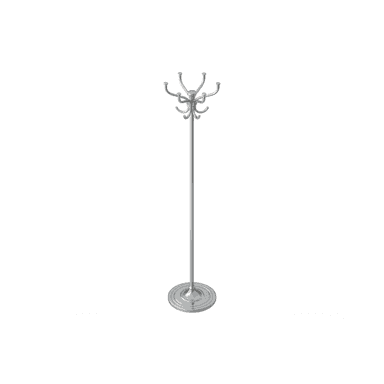 A floor-standing coat rack with a silver metallic finish, featuring a central pole, a round weighted base, and multiple curved hooks arranged in two tiers at the top. — 3D model (AI enhanced source)