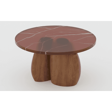 A sculptural round coffee table featuring a reddish-brown marble top with white veining, supported by three robust, organically shaped wooden legs with a distinct wood grain. — 3D model (AI enhanced source)