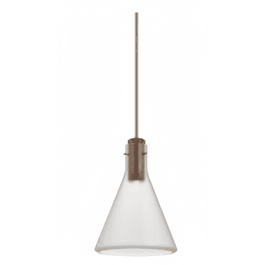 A modern pendant light featuring a frosted conical glass shade, suspended by a slender brass-toned rod and accented with a natural cork element at the top of the shade. — 3D model (AI enhanced source)