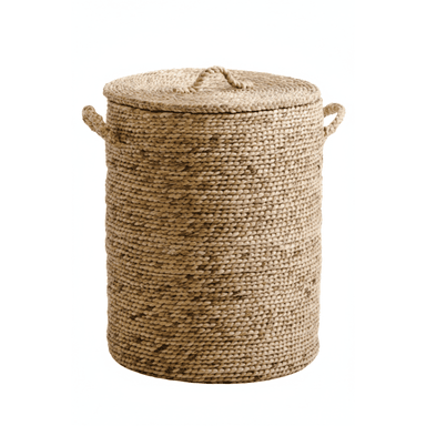 A cylindrical basket with a lid, crafted from woven natural fibers. It features two handles on the sides and a rope-like pull on the lid for easy opening and closing. — 3D model (AI enhanced source)