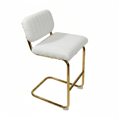 An armless bar stool featuring a contemporary design with a polished gold metal frame and white bouclé fabric upholstery. The stool has a sled-style base with an integrated footrest and a fixed-height seat. Both the seat and the backrest are padded and feature subtle horizontal channel tufting. — 3D model (AI enhanced source)