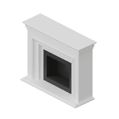 A pristine, white fireplace mantel with a prominent rectangular black insert, presented from an isometric top-down view. The mantel features clean lines with subtle classical-inspired molding along the top and base, and recessed panels on the side pilasters. The overall appearance is sleek and minimalist, suitable for contemporary or transitional interiors. — 3D model (AI enhanced source)