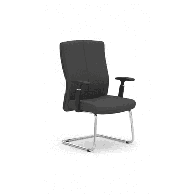 A contemporary office visitor chair featuring a high back, padded seat, and fixed loop armrests. The chair is upholstered in dark grey fabric and supported by a polished chrome-plated cantilever tubular steel frame. — 3D model (AI enhanced source)