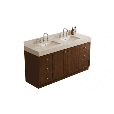 A contemporary double sink bathroom vanity featuring a dark brown wooden cabinet, a light beige stone countertop, two integrated undermount sinks, and brushed nickel faucets and hardware. The vanity offers ample storage with multiple drawers on both sides and central cabinet doors. — 3D model (AI enhanced source)