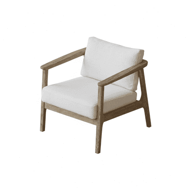A modern armchair featuring an exposed light wood frame and light grey upholstered cushions. The design is clean and minimalist, highlighting the natural wood grain. — 3D model (AI enhanced source)