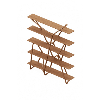 A modern, sculptural wooden shelving unit featuring a series of horizontally oriented shelves supported by an intricately curved and interlocking wooden frame. The frame creates an organic, flowing silhouette, with some supports appearing to wrap around the shelves. The shelves are of varying lengths and positions, creating an asymmetrical, multi-tiered display structure. The wood has a natural, light-to-medium brown tone with visible grain. — 3D model (AI enhanced source)