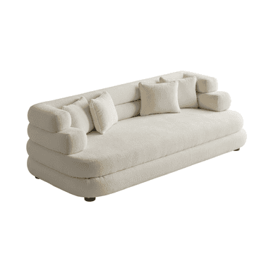 A modern sofa upholstered in a light cream bouclé fabric, featuring a distinctive low-profile design with multiple stacked, rounded sections forming the backrest and arms. The sofa includes several matching bouclé throw pillows and rests on discreet, dark cylindrical feet. — 3D model (AI enhanced source)