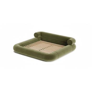 A modern platform bed frame featuring a plush, rounded design upholstered in an olive green velvet-like fabric. It includes an integrated headboard and wooden slats for mattress support. — 3D model (AI enhanced source)