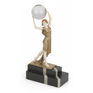 An Art Deco style sculpture featuring a female figure in a golden flowing dress, holding an opaque white sphere above her head. The figure is posed dynamically, standing on one leg with the other bent. The sculpture rests on a multi-tiered black and white geometric base, typical of the Art Deco aesthetic. — 3D model (AI enhanced source)