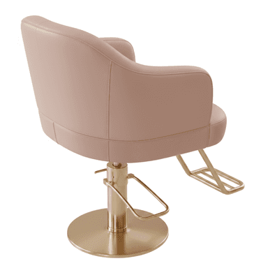 A modern hydraulic salon stylist chair featuring a plush, light pink upholstered seat and back, complemented by a polished gold circular base and an integrated gold-finished footrest. The chair includes curved armrests and a hydraulic lift mechanism for height adjustment. — 3D model (AI enhanced source)