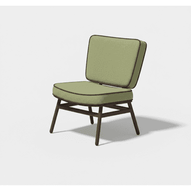 A contemporary armchair with a low profile, featuring a wooden frame and upholstered cushions. The seat and backrest are padded and covered in a textured green fabric, with dark brown piping along the edges. The frame consists of four tapered legs and a supporting structure for the seat, all finished in a dark wood stain. — 3D model (AI enhanced source)