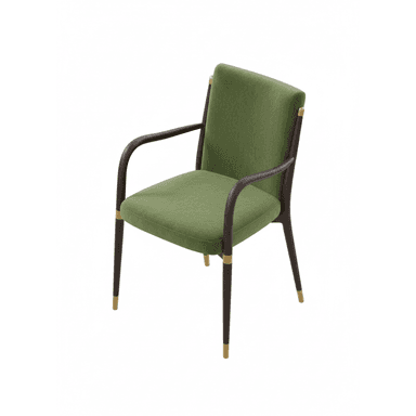 A modern upholstered armchair featuring a dark bentwood frame, green fabric upholstery, and decorative brass accents on the legs and frame joints. The chair has curved armrests and tapered legs. — 3D model (AI enhanced source)