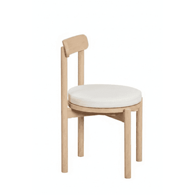 A minimalist wooden chair with a light-colored finish, featuring a round, white upholstered seat cushion and a small, curved wooden backrest. The chair stands on four straight, round legs. — 3D model (AI enhanced source)