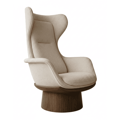 A contemporary high-back wingback chair with beige bouclé upholstery and a dark wooden cylindrical swivel base. — 3D model (AI enhanced source)