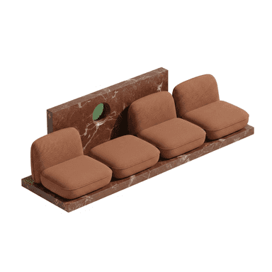 A modular bench unit featuring a tiered marble base supporting upholstered seating modules. The base is composed of a flat, rectangular platform and a vertical slab with a circular cutout. Four individual seating elements, each with a distinct cushioned seat and backrest, are arranged linearly on the platform. The marble exhibits a rich reddish-brown hue with white veining. The upholstery is a textured, woven fabric in a warm brown tone. — 3D model (AI enhanced source)