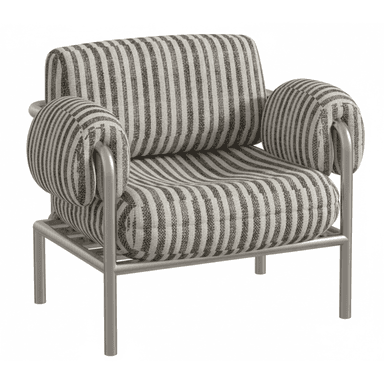 A modern armchair featuring a robust metal frame and plush, striped fabric upholstery. The chair has a square silhouette, with thick seat and back cushions, and distinctive cylindrical padded armrests that wrap around the tubular metal structure. The fabric is a neutral grey and off-white stripe pattern, complementing the matte silver finish of the metal frame. — 3D model (AI enhanced source)