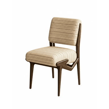 An armless dining chair featuring a dark wooden frame and striped upholstered seat and backrest. — 3D model (AI enhanced source)